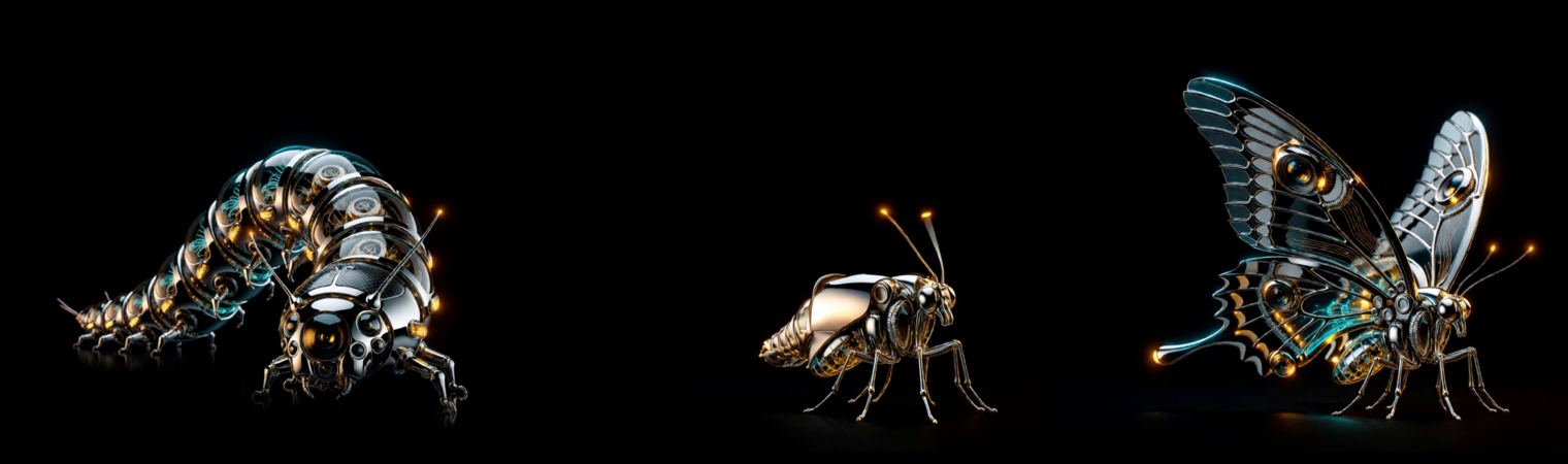 Start frame, middle and end frame of the caterpillar-to-butterfly animation